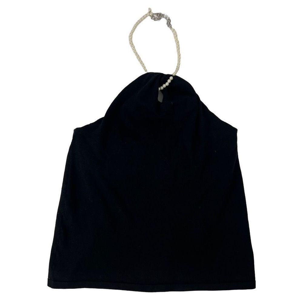 Vintage Chaps Black Silk Blend Pearl Halter Top Women’s Size Large